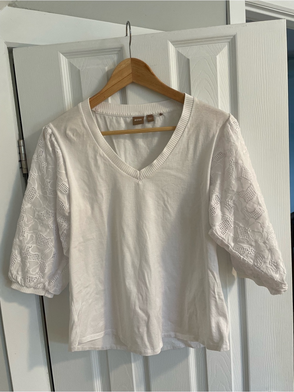 Hugo Boss White V-Neck Tee with Puffy Lace Sleeves